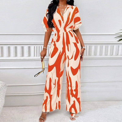 woman wearing V-neck Loose Printed Long Jumpsuit